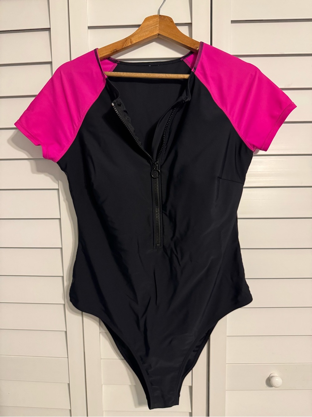 Cupshe Black One-Piece Swim Suit with Pink Raglan Sleeves
